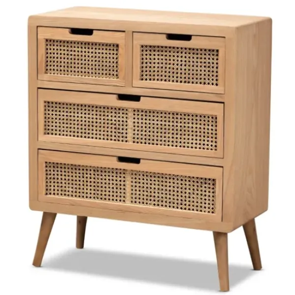 Dressers & Chests-Kirkland's Home Oak And Rattan 4-Drawer Chest
