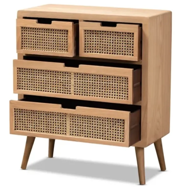 Dressers & Chests-Kirkland's Home Oak And Rattan 4-Drawer Chest