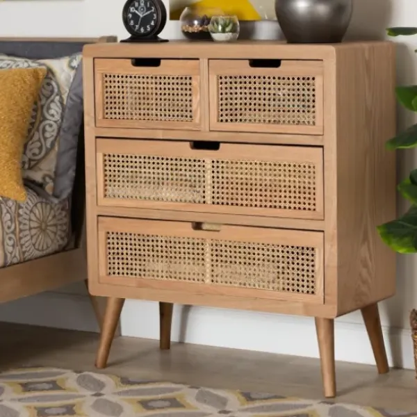 Dressers & Chests-Kirkland's Home Oak And Rattan 4-Drawer Chest