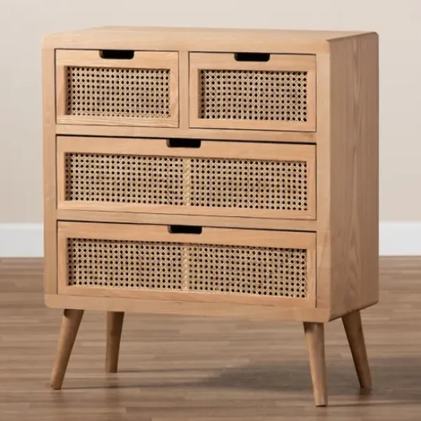Dressers & Chests-Kirkland's Home Oak And Rattan 4-Drawer Chest