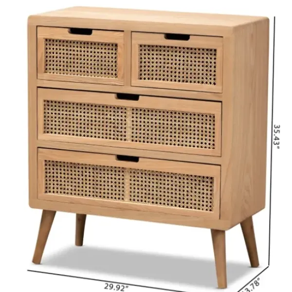 Dressers & Chests-Kirkland's Home Oak And Rattan 4-Drawer Chest
