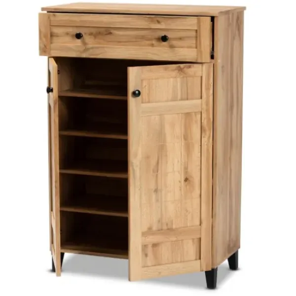 Entryway Furniture-Kirkland's Home Oak 2-Door Grid Shoe Storage Cabinet Tan