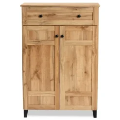 Entryway Furniture-Kirkland's Home Oak 2-Door Grid Shoe Storage Cabinet Tan