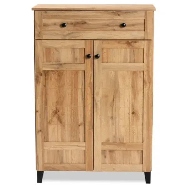 Entryway Furniture-Kirkland's Home Oak 2-Door Grid Shoe Storage Cabinet Tan
