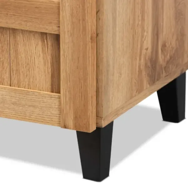 Entryway Furniture-Kirkland's Home Oak 2-Door Grid Shoe Storage Cabinet Tan