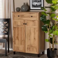 Entryway Furniture-Kirkland's Home Oak 2-Door Grid Shoe Storage Cabinet Tan