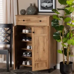 Entryway Furniture-Kirkland's Home Oak 2-Door Grid Shoe Storage Cabinet Tan