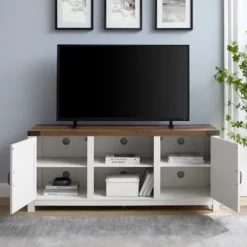 Tv Stands & Media Consoles-Kirkland's Home Oak Farmhouse Double Door Tv Stand Brown/White