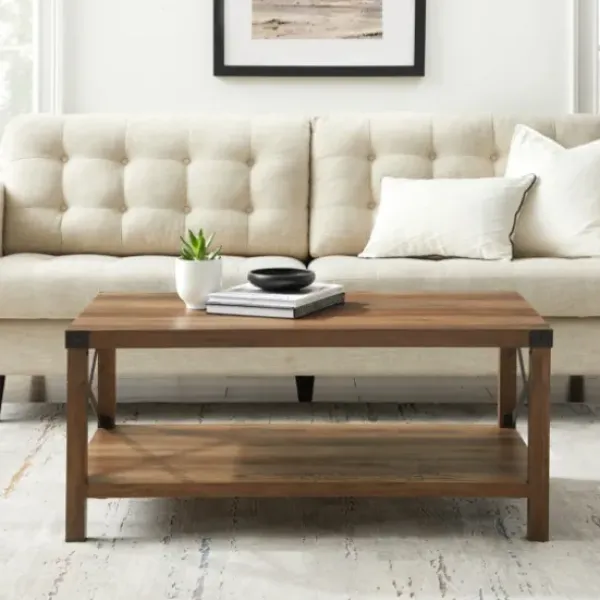 Coffee Tables-Kirkland's Home Oak Industrial X-Frame Coffee Table Brown