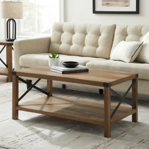 Coffee Tables-Kirkland's Home Oak Industrial X-Frame Coffee Table Brown