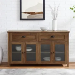 Cabinets & Sideboards-Kirkland's Home Oak Rustic Glass Front Sideboard Brown