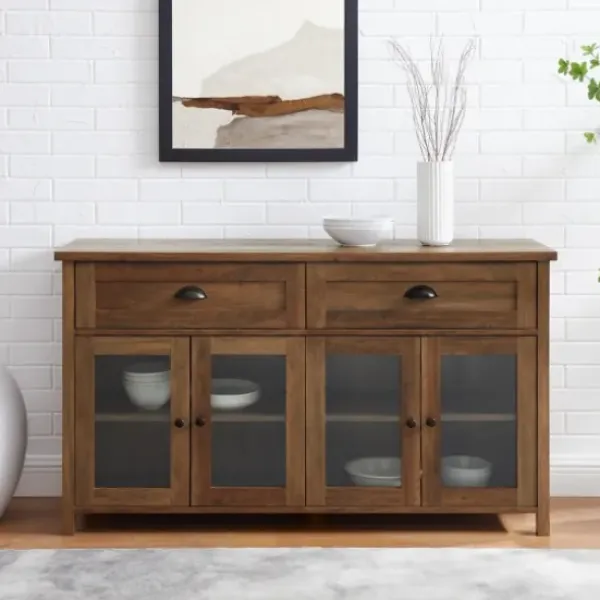 Cabinets & Sideboards-Kirkland's Home Oak Rustic Glass Front Sideboard Brown