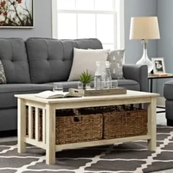 Coffee Tables-Kirkland's Home Oak Traditional Wooden Basket Coffee Table White