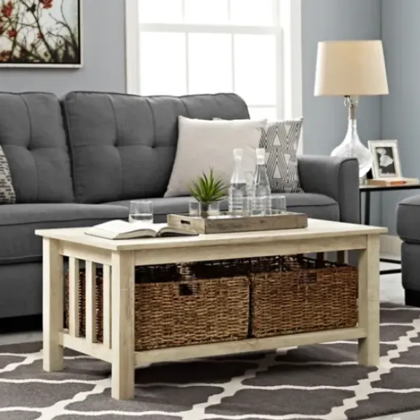 Coffee Tables-Kirkland's Home Oak Traditional Wooden Basket Coffee Table White