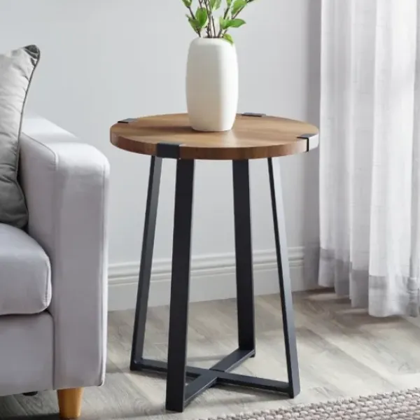 Accent & End Tables-Kirkland's Home Oak Urban Rustic Round Accent Table Brown