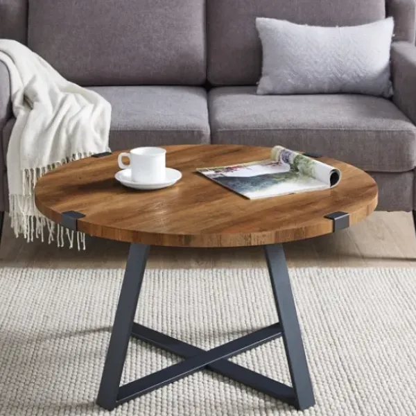 Coffee Tables-Kirkland's Home Oak Urban Rustic Round Coffee Table Brown