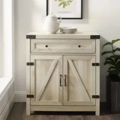 Cabinets & Sideboards-Kirkland's Home Oak Wash Wooden And Metal Barn Door Cabinet White