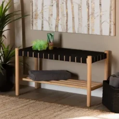 Benches & Ottomans-Kirkland's Home Oak Wood And Woven Nylon Bench Black/Tan