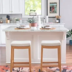Bar Stools & Counter Height Stools-Kirkland's Home Oak Wood Counter Stool With Beige Striped Cushion Gray
