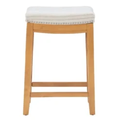 Bar Stools & Counter Height Stools-Kirkland's Home Oak Wood Counter Stool With Beige Striped Cushion Gray