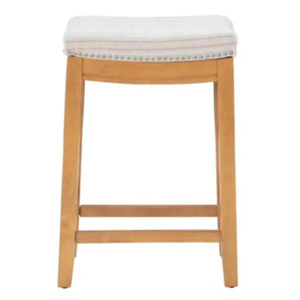Bar Stools & Counter Height Stools-Kirkland's Home Oak Wood Counter Stool With Beige Striped Cushion Gray