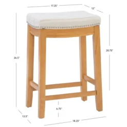 Bar Stools & Counter Height Stools-Kirkland's Home Oak Wood Counter Stool With Beige Striped Cushion Gray
