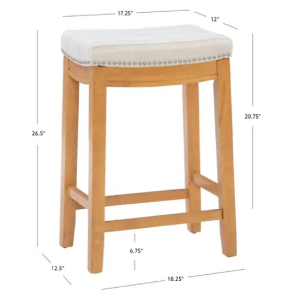 Bar Stools & Counter Height Stools-Kirkland's Home Oak Wood Counter Stool With Beige Striped Cushion Gray