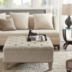 Benches & Ottomans-Kirkland's Home Oatmeal Tufted Square Ottoman Tan