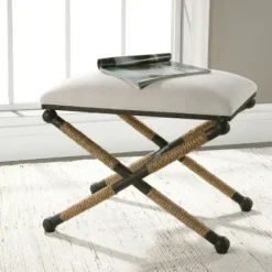 Benches & Ottomans-Kirkland's Home Oatmeal Upholstered Wrapped Rope Frame Bench Ivory
