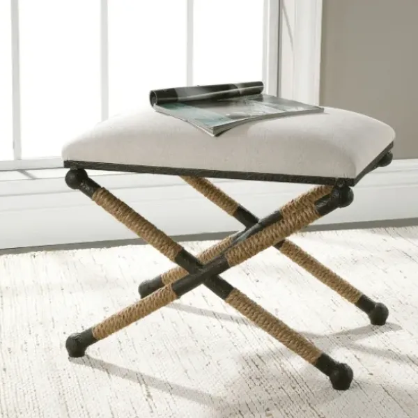 Benches & Ottomans-Kirkland's Home Oatmeal Upholstered Wrapped Rope Frame Bench Ivory