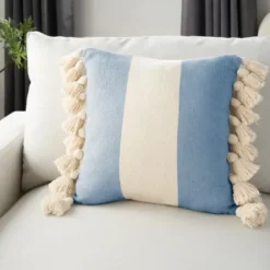 Pillows-Kirkland's Home Ocean And Ivory Striped Tassel Pillow Blue/Ivory