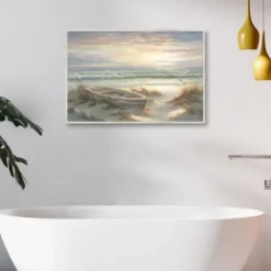 Framed Art-Kirkland's Home Old Rowboat On The Shore Framed Canvas Art Print Ivory/Blue/Multi
