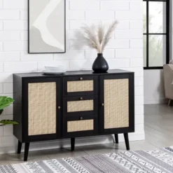 Cabinets & Sideboards-Kirkland's Home Onyx Wood And Natural Rattan Doors Sideboard Tan/Black