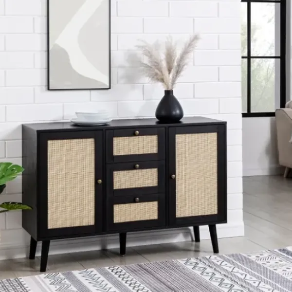 Cabinets & Sideboards-Kirkland's Home Onyx Wood And Natural Rattan Doors Sideboard Tan/Black