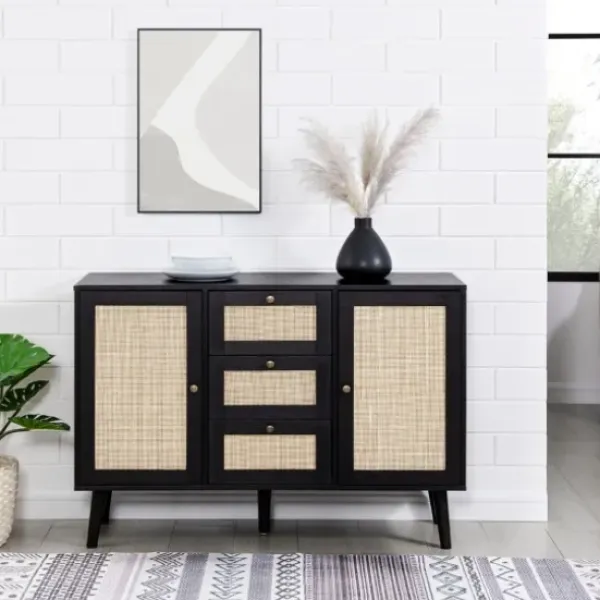 Cabinets & Sideboards-Kirkland's Home Onyx Wood And Natural Rattan Doors Sideboard Tan/Black