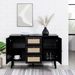 Cabinets & Sideboards-Kirkland's Home Onyx Wood And Natural Rattan Doors Sideboard Tan/Black