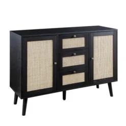 Cabinets & Sideboards-Kirkland's Home Onyx Wood And Natural Rattan Doors Sideboard Tan/Black