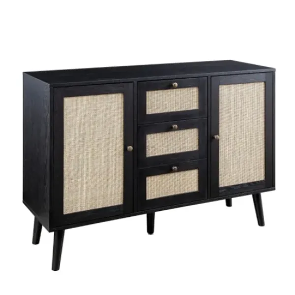 Cabinets & Sideboards-Kirkland's Home Onyx Wood And Natural Rattan Doors Sideboard Tan/Black