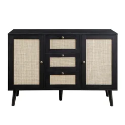 Cabinets & Sideboards-Kirkland's Home Onyx Wood And Natural Rattan Doors Sideboard Tan/Black