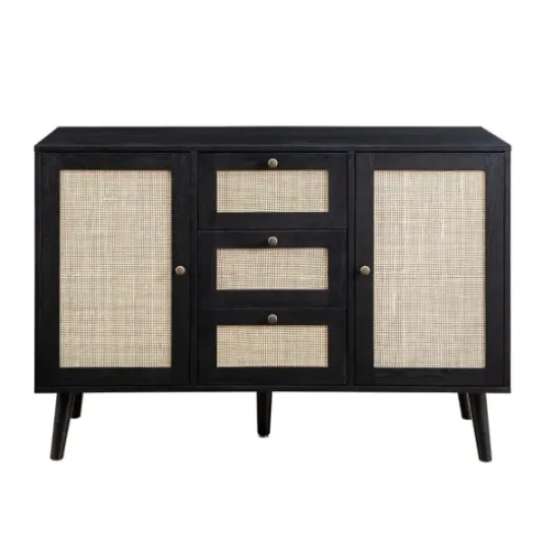 Cabinets & Sideboards-Kirkland's Home Onyx Wood And Natural Rattan Doors Sideboard Tan/Black