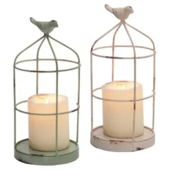 Candle Holders-Kirkland's Home Open Cage With Bird Candle Holders, Set Of 2 Blue/White