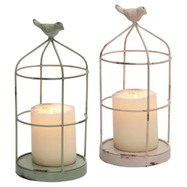 Candle Holders-Kirkland's Home Open Cage With Bird Candle Holders, Set Of 2 Blue/White