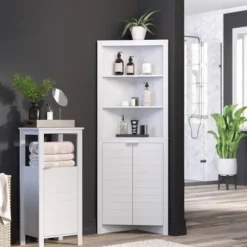 Cabinets & Sideboards-Kirkland's Home Open Shelf Corner Cabinet White