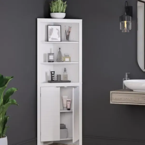Cabinets & Sideboards-Kirkland's Home Open Shelf Corner Cabinet White