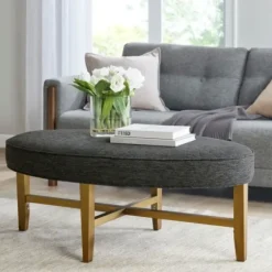 Benches & Ottomans-Kirkland's Home Oval Upholstered Welt Edge Ottoman Gray