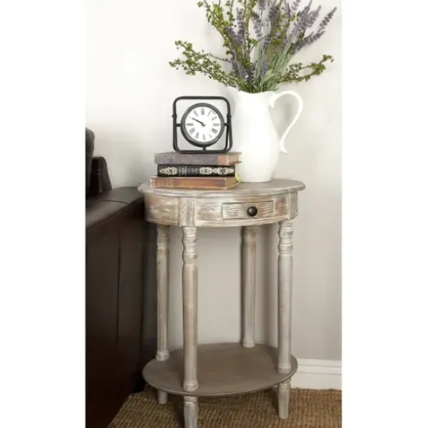 Accent & End Tables-Kirkland's Home Oval Washed Pine Wood Side Table White