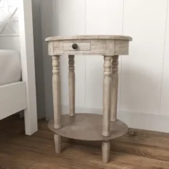 Accent & End Tables-Kirkland's Home Oval Washed Pine Wood Side Table White
