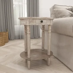 Accent & End Tables-Kirkland's Home Oval Washed Pine Wood Side Table White