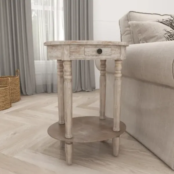 Accent & End Tables-Kirkland's Home Oval Washed Pine Wood Side Table White