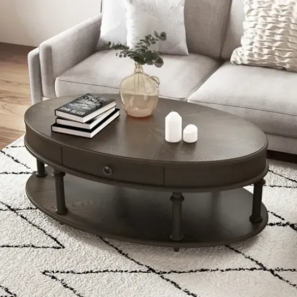 Coffee Tables-Kirkland's Home Oval Wood 2-Tier Coffee Table Brown